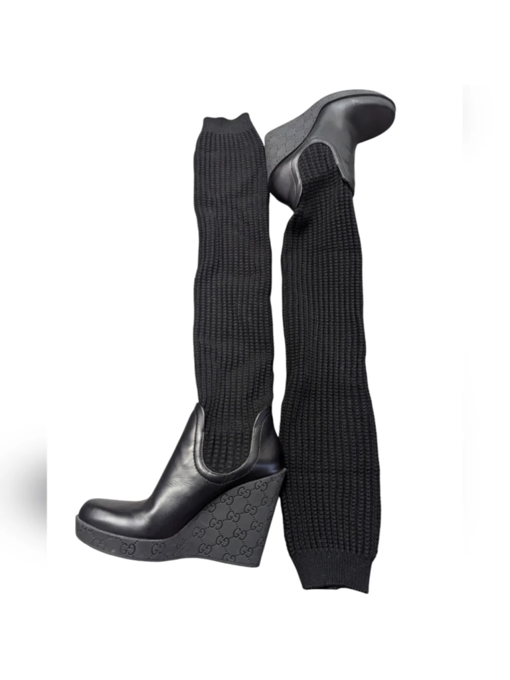 3X HP. GUCCI Black Leather GG Aspen Wool Babylon Knee High Wedge Boots